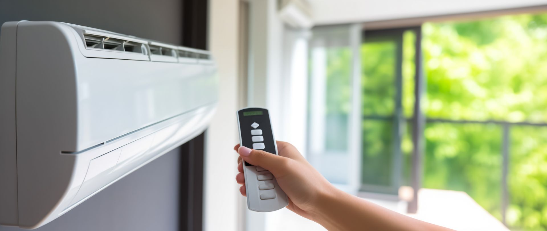Une main tenant une télécommande de climatiseur, pointée vers un appareil de climatisation.