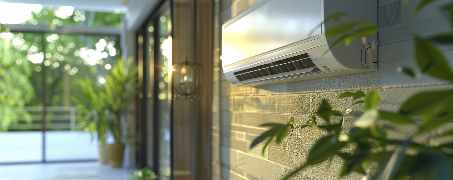 Climatiseur fixé sur un mur de briques à l'intérieur, avec des plantes.