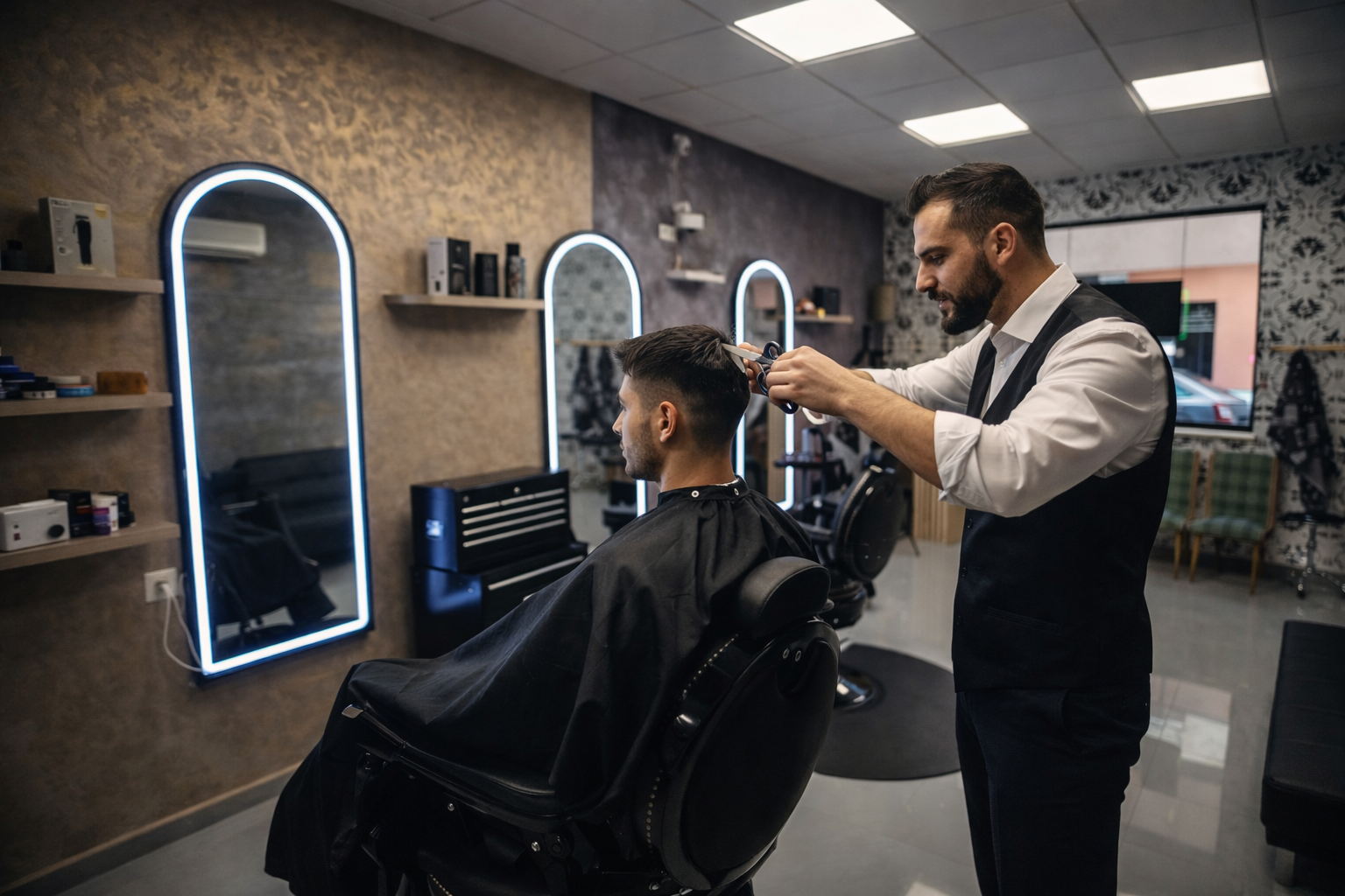 Un barbero con chaleco le corta el pelo a un cliente en una peluquería con espejos arqueados iluminados en las paredes.