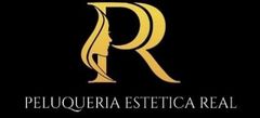 Logotipo dorado con la silueta estilizada de un rostro integrada en la letra R, sobre el texto: PELUQUERIA ESTETICA REAL.