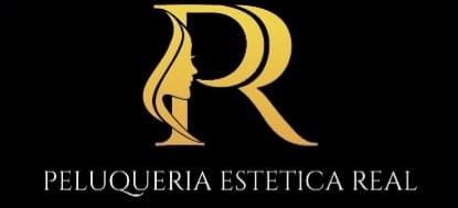 Logotipo dorado con la silueta estilizada de un rostro integrada en la letra R, sobre el texto: PELUQUERIA ESTETICA REAL.