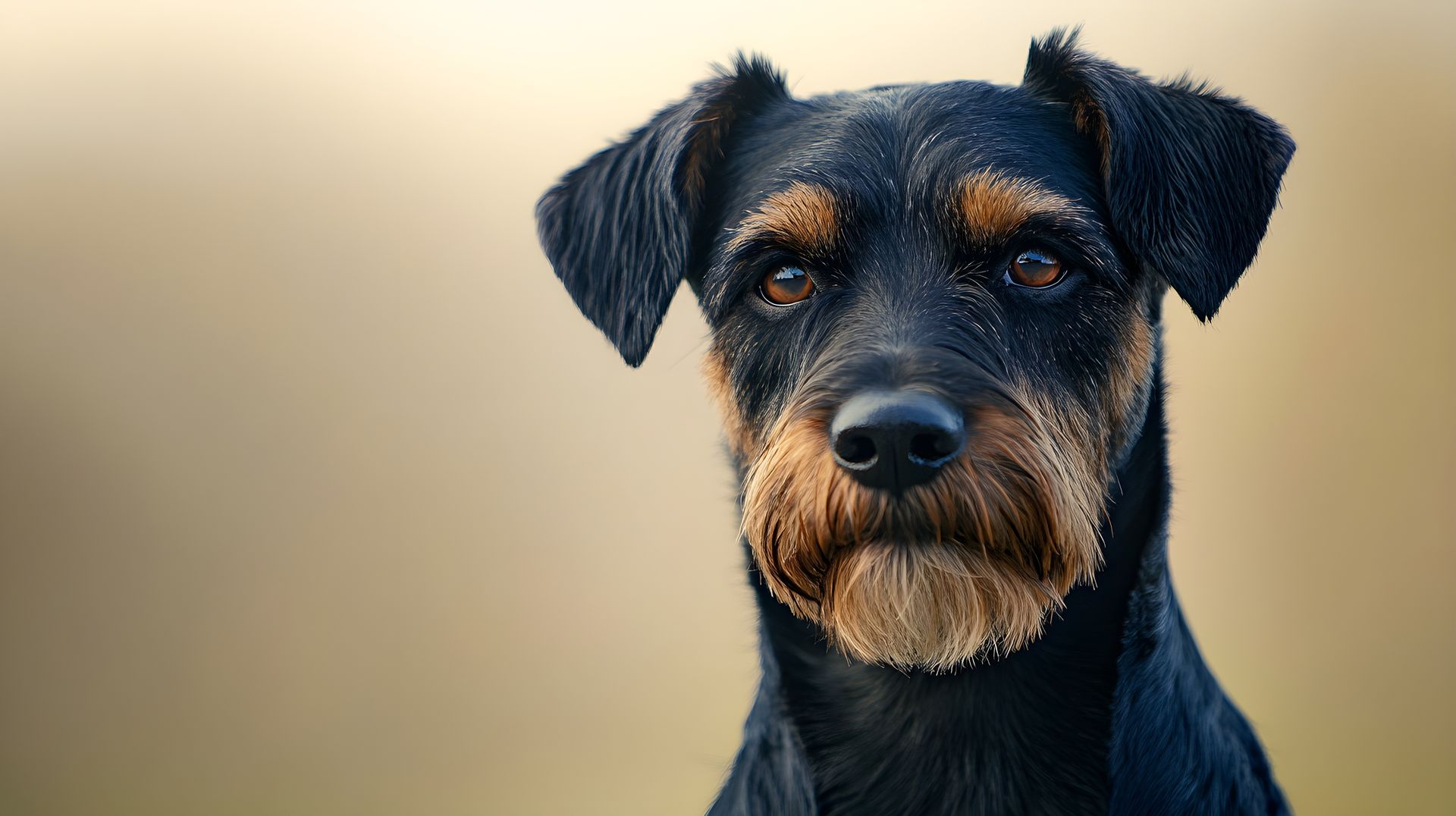 Chien Jagdterrier allemand noir, regard attentif, barbe fauve, arrière-plan flou.