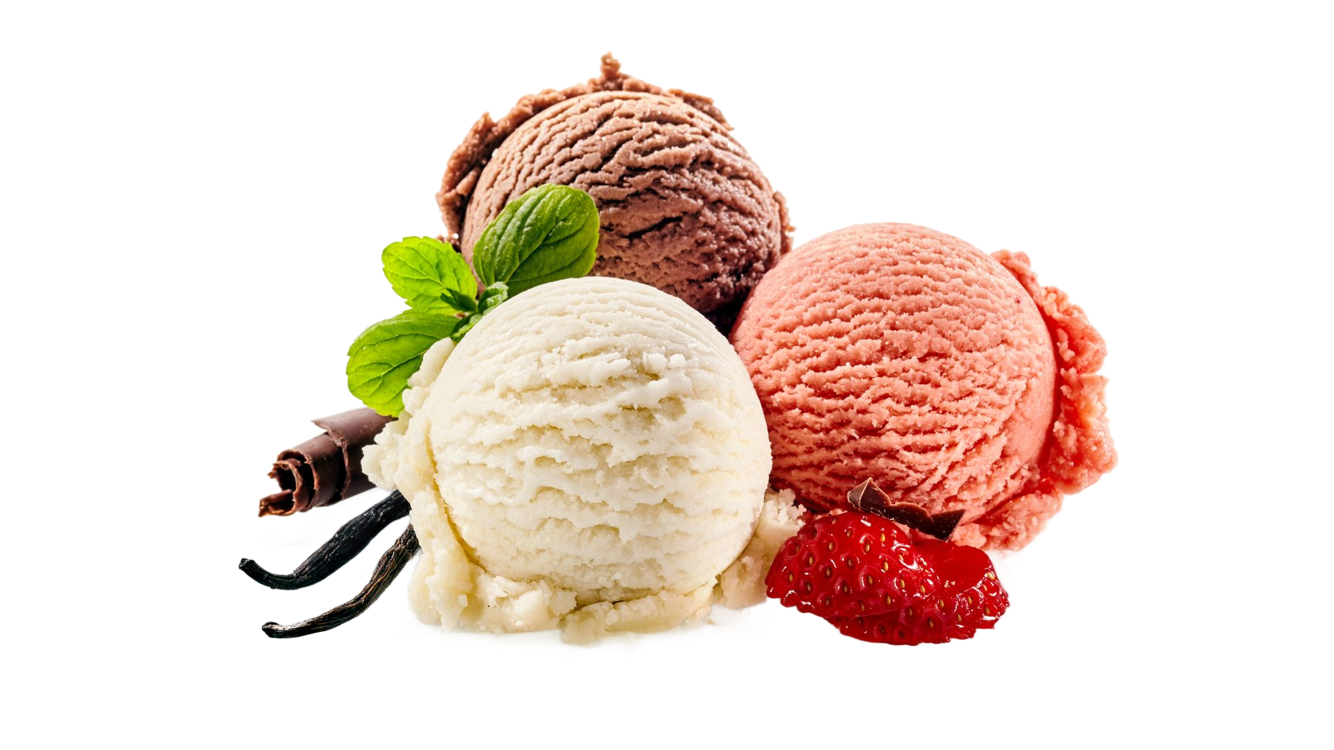 Quatre cornets de glace avec des boules de glace de couleurs différentes : pistache, orange, vanille et myrtille.