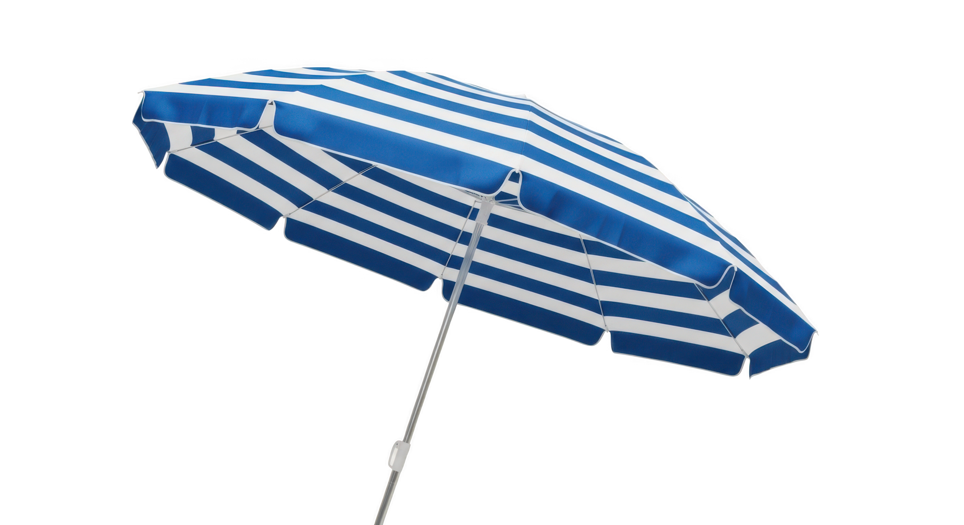 Parasol de plage à rayures bleues et blanches sur fond blanc.
