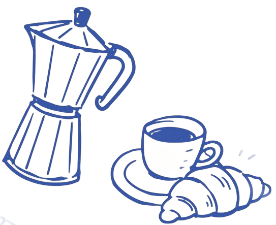Dessin au trait bleu d'une cafetière italienne, d'une tasse à café sur sa soucoupe et d'un croissant.