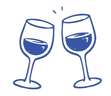 Deux verres à vin bleus qui s'entrechoquent, chacun partiellement rempli de vin.