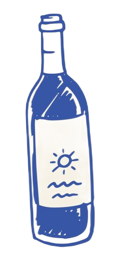 Bouteille avec un soleil et des vagues sur l'étiquette.