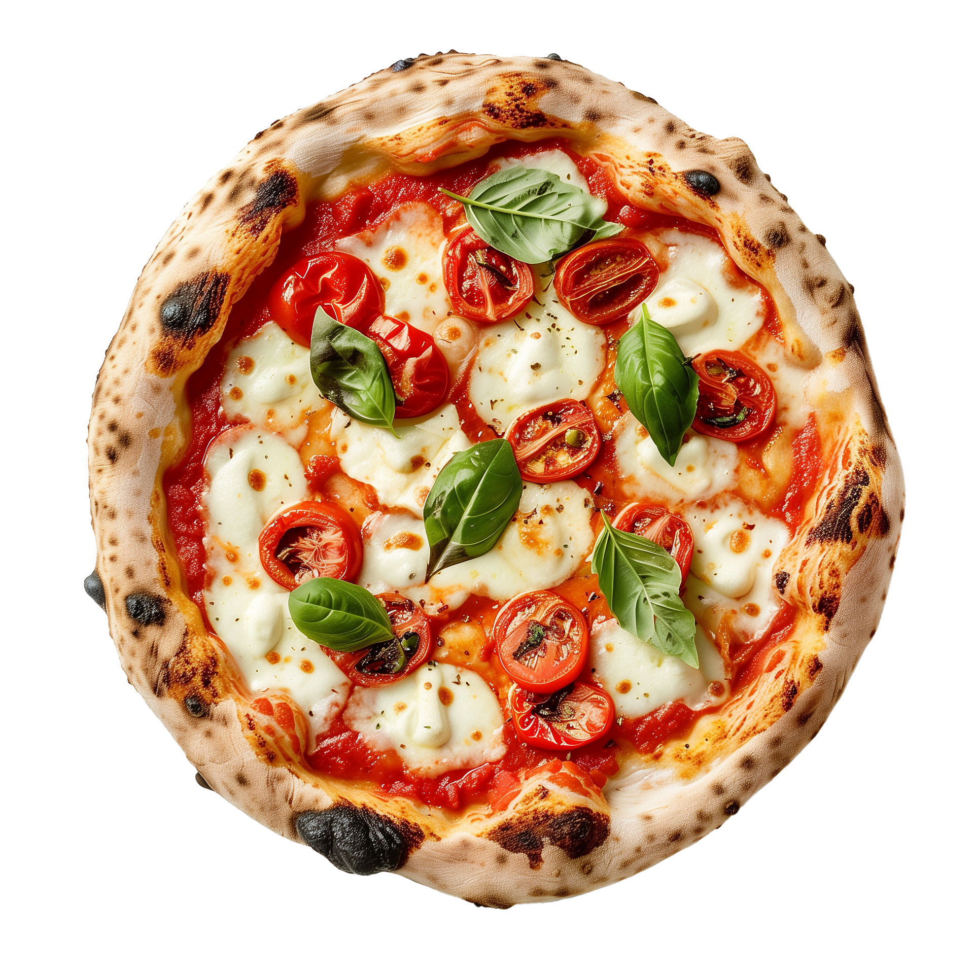 Pizza Margherita avec feuilles de basilic, tomates cerises, mozzarella fondue et croûte grillée.