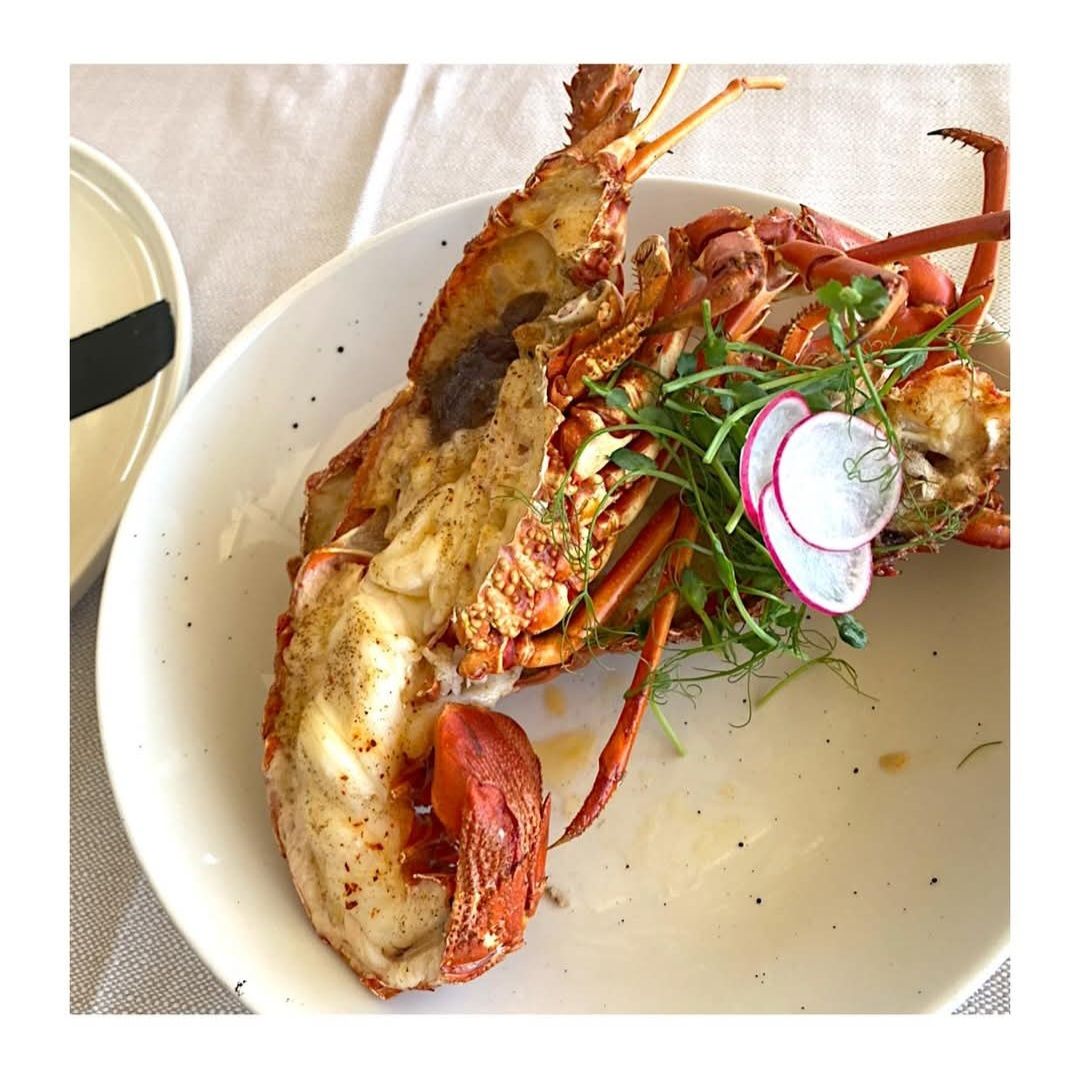 Homard servi dans une assiette blanche, garni de verdure et de radis.