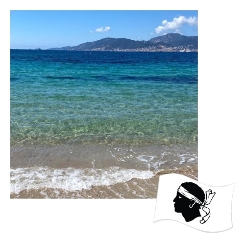 Mer d'un bleu limpide et plage de sable fin, montagnes à l'horizon sous un ciel lumineux, avec un petit logo noir et blanc dans le coin.