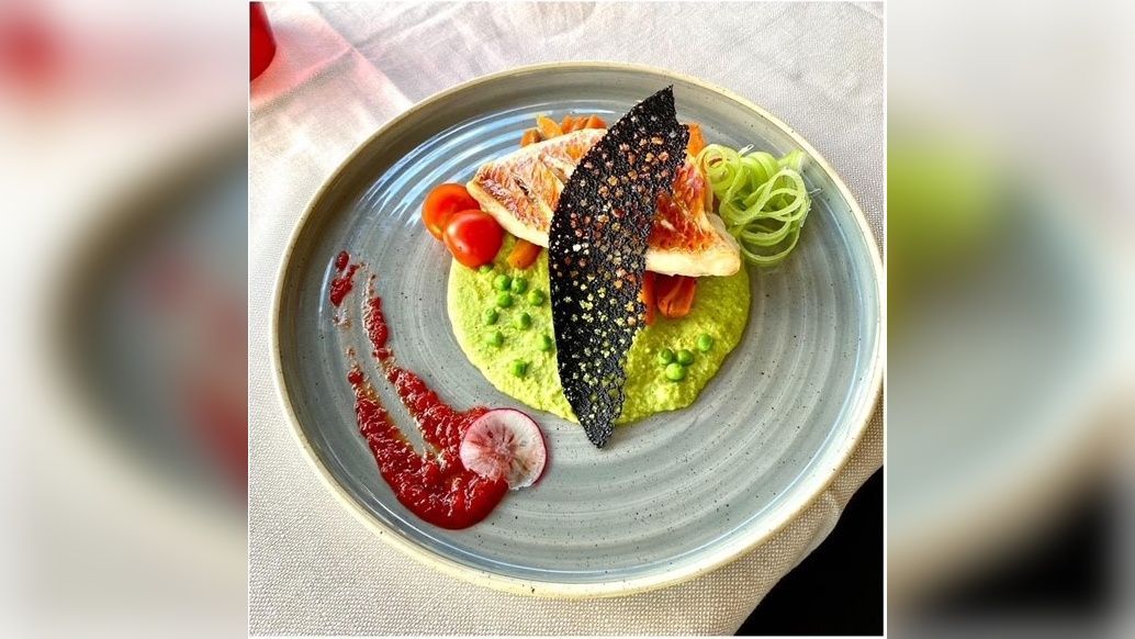 Plat gastronomique composé de saumon, de purée verte, de sauce rouge et de légumes frisés, présenté sur une assiette grise.