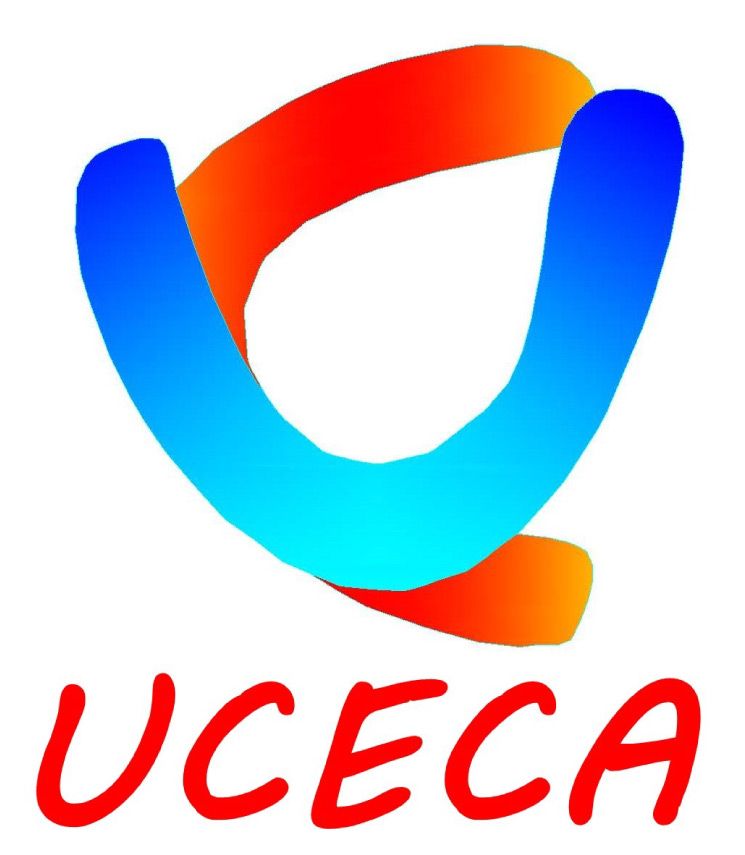 Un logotipo para Uceca con un círculo azul y rojo.