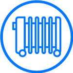 Un icono de radiador azul en un círculo azul sobre un fondo blanco.