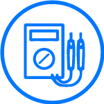 Un icono azul de un multímetro con dos cables conectados a él.