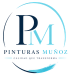 Logo de Pinturas Mu&ntilde;oz en azul y blanco con el lema &ldquo;Calidad que transforma&rdquo;.