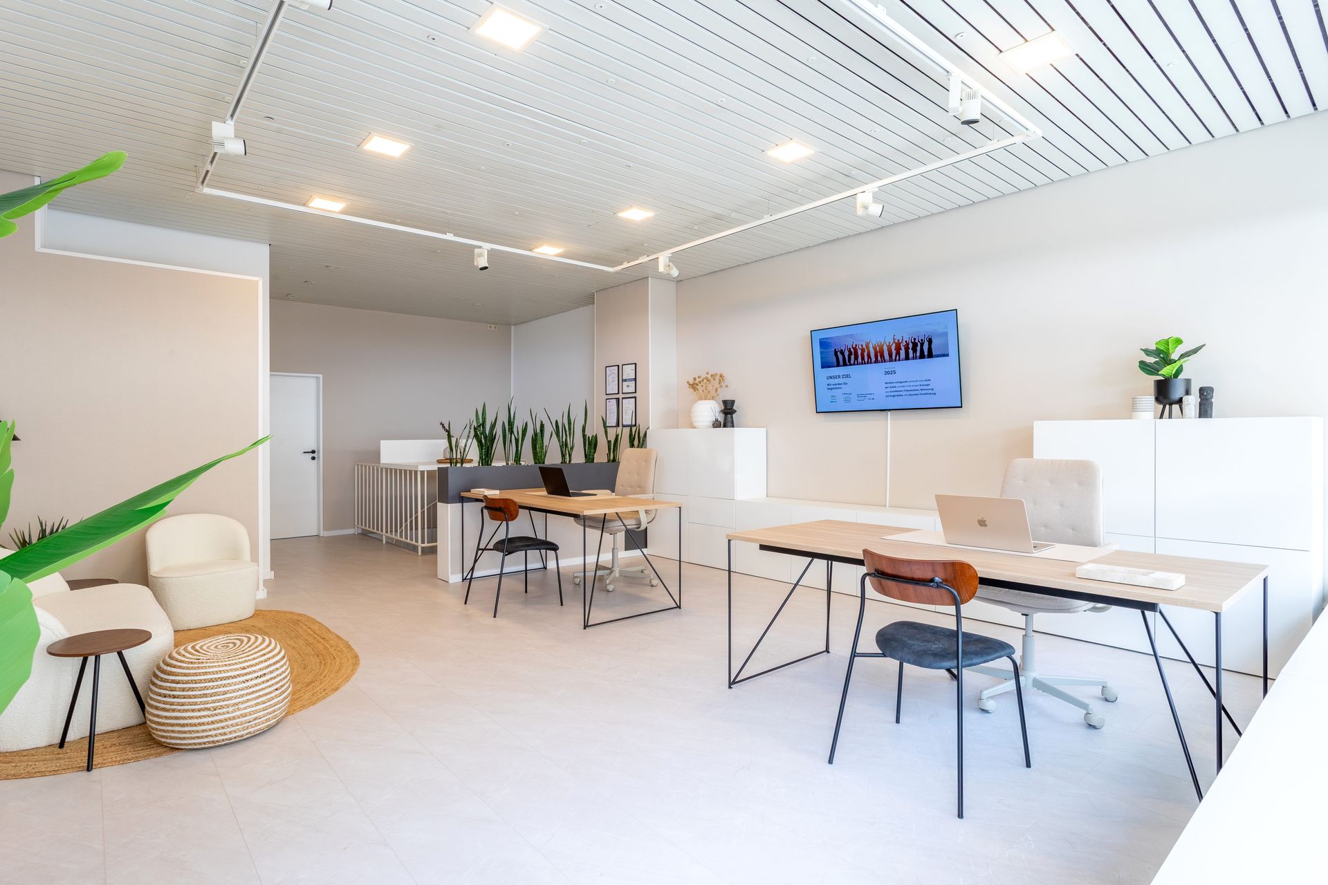 Ein helles, modernes Großraumbüro mit Schreibtischen, Stühlen, Grünpflanzen, einem Fernseher an der Wand.