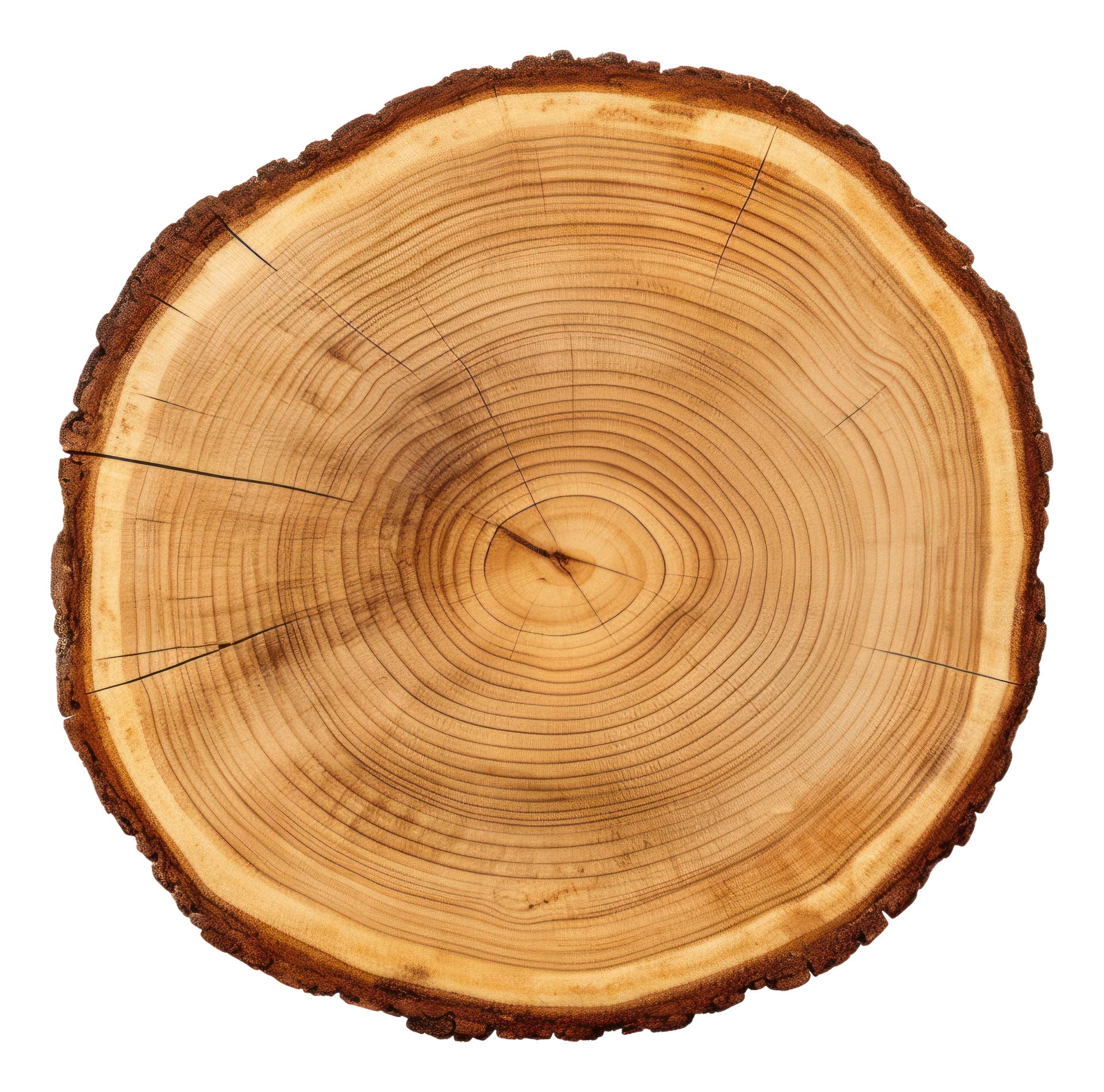 Coupe transversale d'un tronc d'arbre, montrant les cernes de croissance dans des tons bruns et beiges.