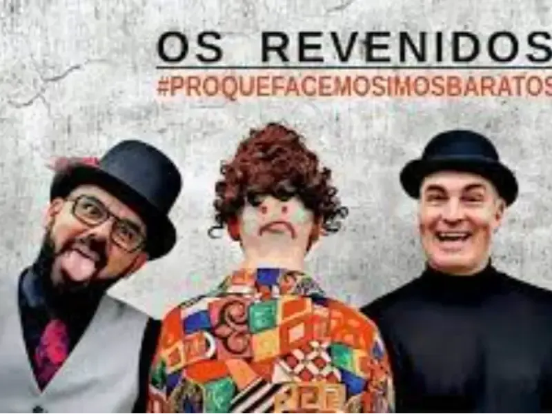 Tres payasos sonrientes con sombreros bajo el texto “OS REVENIDOS” y “#PROQUEFACEMOSIMOSBARATOS”