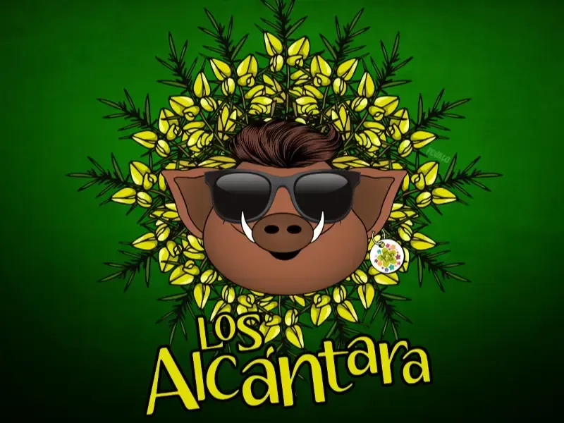 Logotipo con un perro marrón con gafas de sol entre flores amarillas sobre un fondo verde, texto 