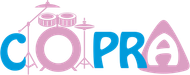 Logotipo de Cooper con letras azules y rosas y un gráfico de un tambor sobre la “O”.