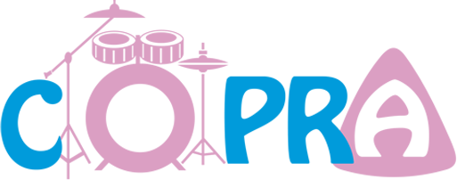 Logotipo de Cooper con letras azules y rosas y un gráfico de un tambor sobre la “O”.