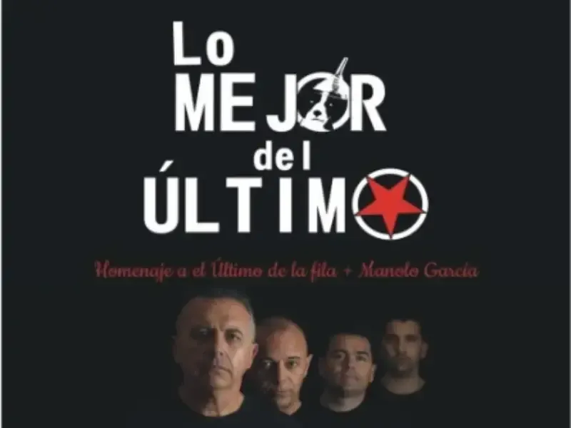 Cartel que dice “Lo mejor del último” con cuatro rostros de hombres sobre un fondo oscuro y una estrella roja en el O
