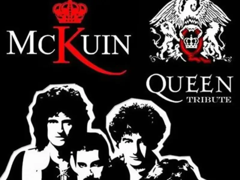 Logotipo de McKuin Queen Tribute con retratos de la banda en blanco y negro y detalles de coronas rojas.