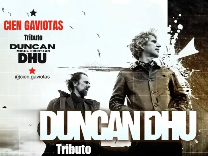 Cartel para “Tributo a Duncan Dhu” con un retrato en blanco y negro y texto en negrita sobre un fondo blanco.