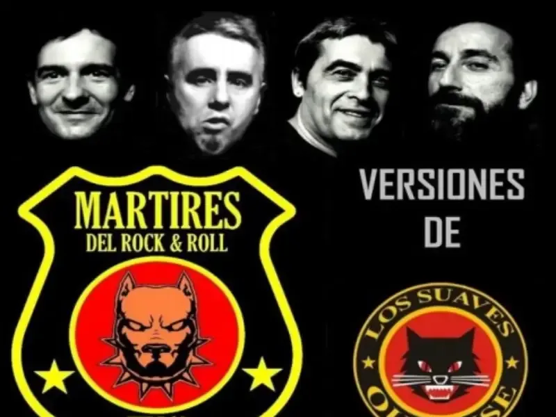 Logotipos de Martires del Rock & Roll y Versiones de Los Saules con cuatro rostros en blanco y negro en la parte superior.