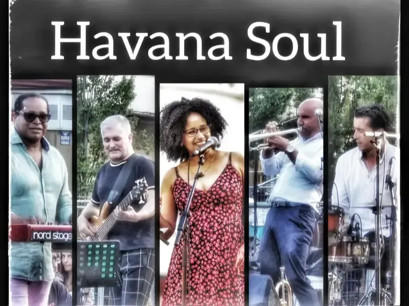 Cartel de “Havana Soul” que muestra a cinco músicos actuando en el escenario, con el título en la parte superior.