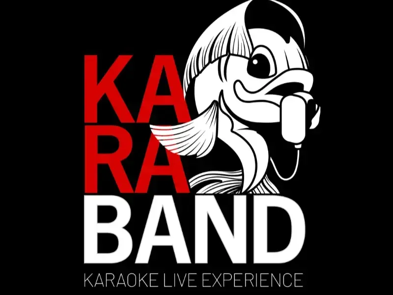 Logotipo de KARABAND con texto rojo y blanco y un pez de dibujos animados sosteniendo un micrófono sobre un fondo negro.