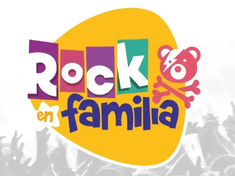 Logotipo de Rock en familia en morado, azul, amarillo y rosa con un oso de dibujos animados sobre una forma amarilla