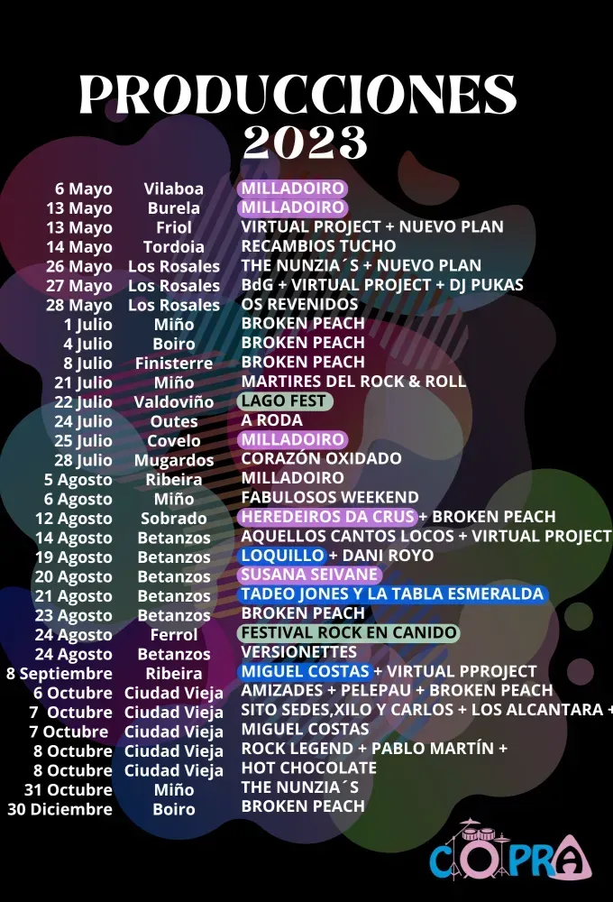 Cartel de producciones de 2023 con una colorida lista de eventos y fechas sobre un fondo negro.