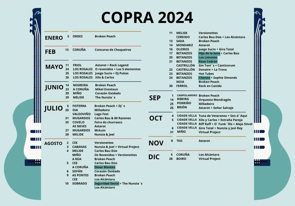 Cartel con el programa de eventos de COPRA 2024 con detalles del programa mensual en azul y verde azulado.