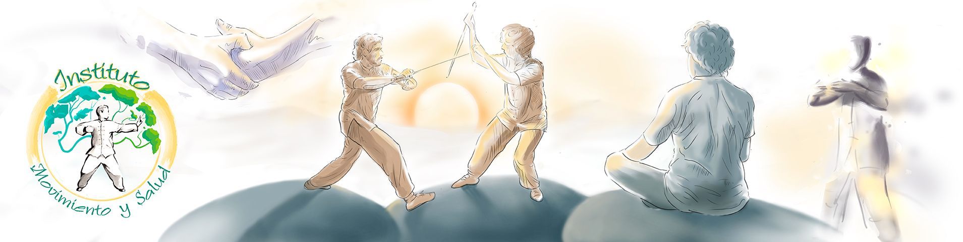 Un cuadro de dos personas paradas una al lado de la otra sobre una roca.