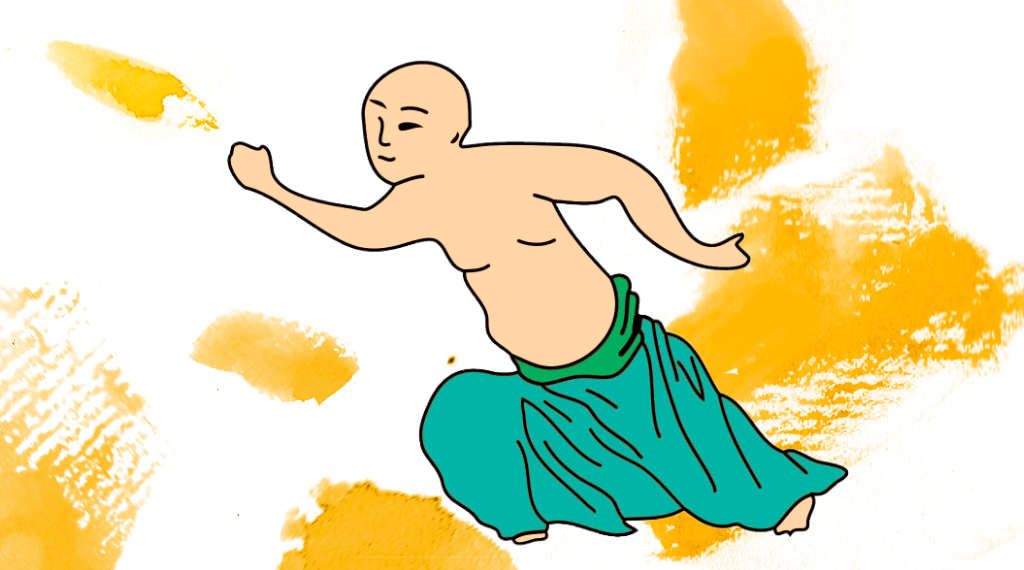 Un dibujo animado de un hombre calvo con una falda azul.