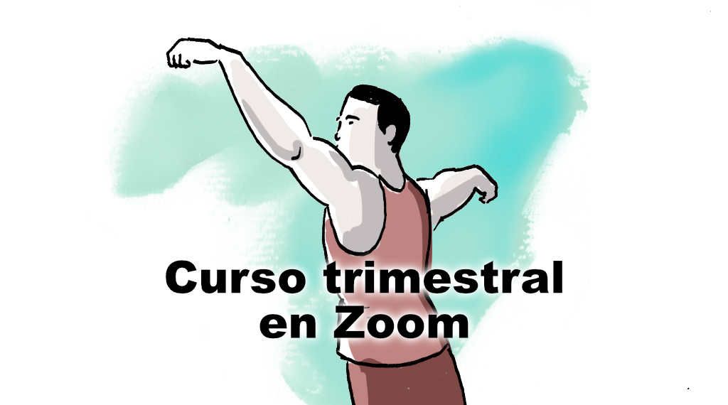 Una caricatura de un hombre con las palabras curso trimestral en zoom debajo de él