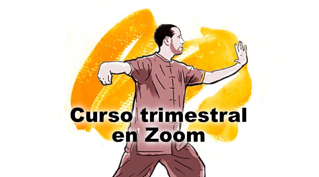 Una caricatura de un hombre en una pose de artes marciales con las palabras curso trimestral en zoom debajo de él.