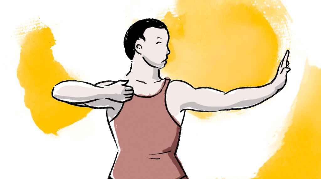 Una caricatura de un hombre con una camiseta sin mangas estirando los brazos.
