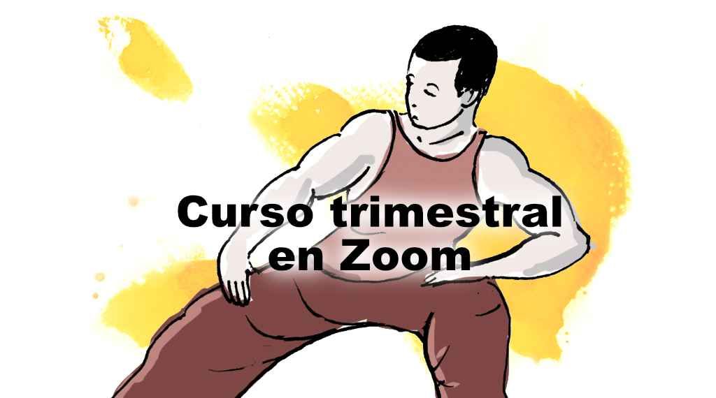 Una caricatura de un hombre con las palabras curso trimestral en zoom debajo de él