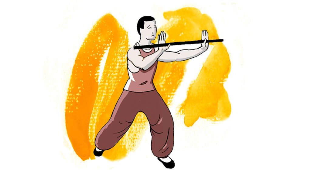 Un dibujo de un hombre sosteniendo un palo en sus manos.