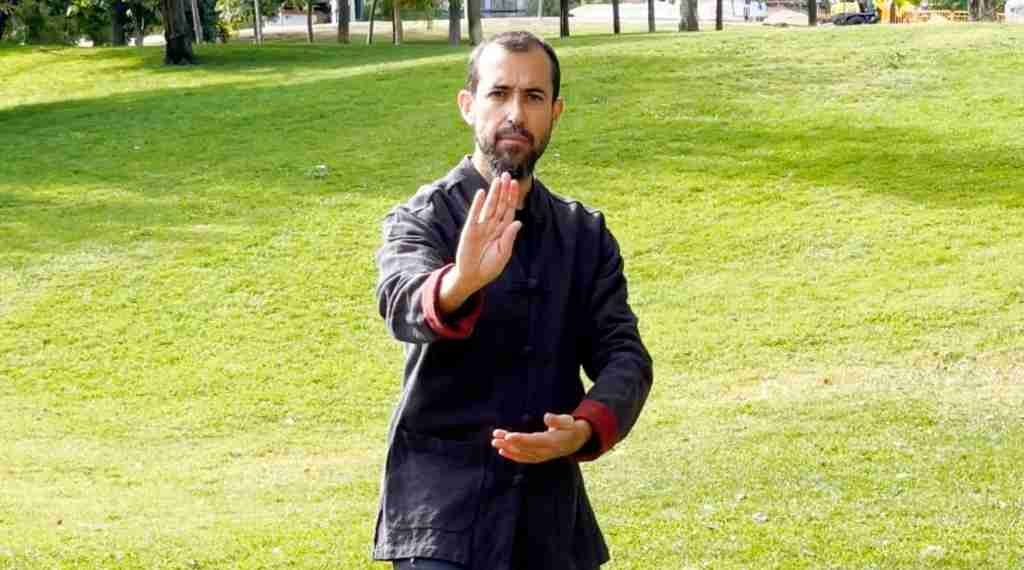 Un hombre con barba está practicando artes marciales en un parque.