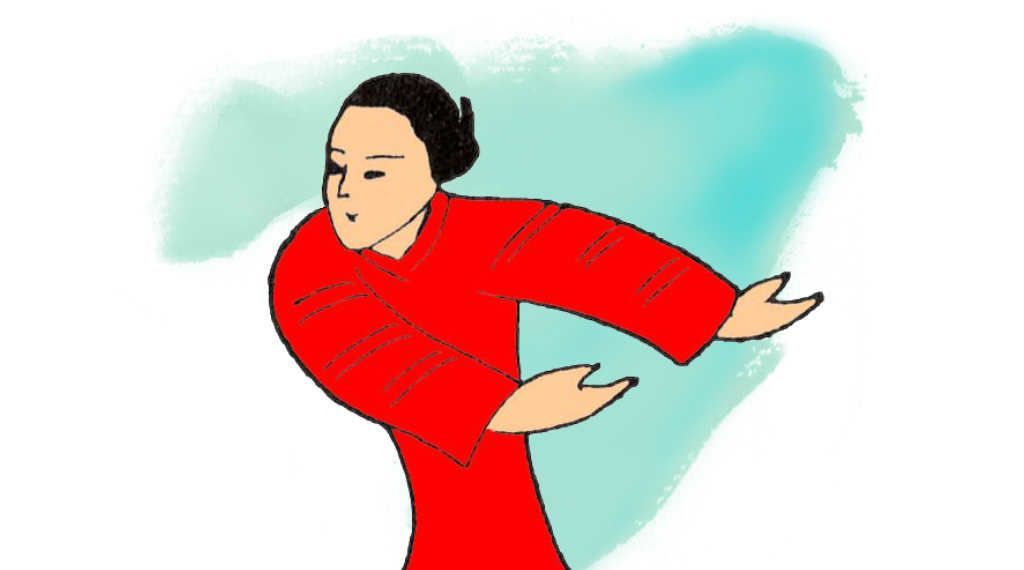 Una caricatura de una mujer con un vestido rojo y los brazos extendidos.