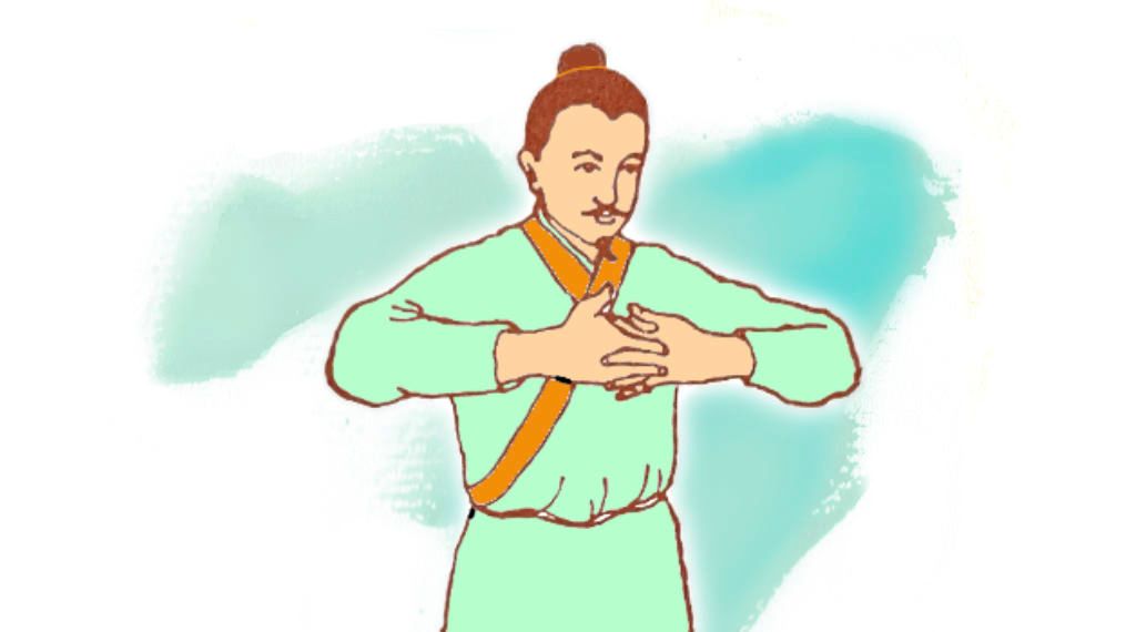 Un dibujo de un hombre con las manos en el pecho.