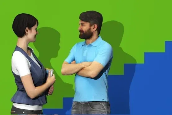 Zwei einander zugewandte Personen unterhalten sich vor einem grün-blauen geometrischen Hintergrund.