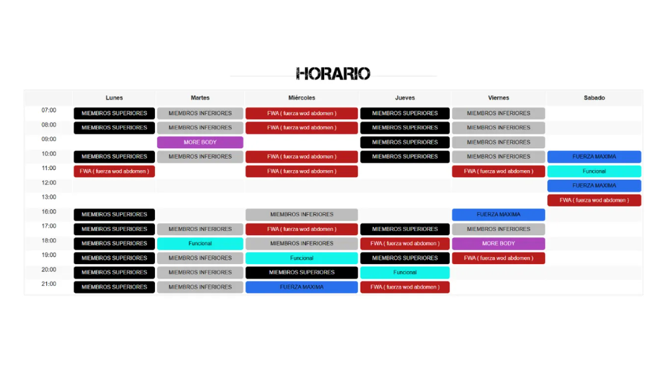 Horario semanal con los horarios de los cursos mostrados en bloques codificados por colores para cada día.