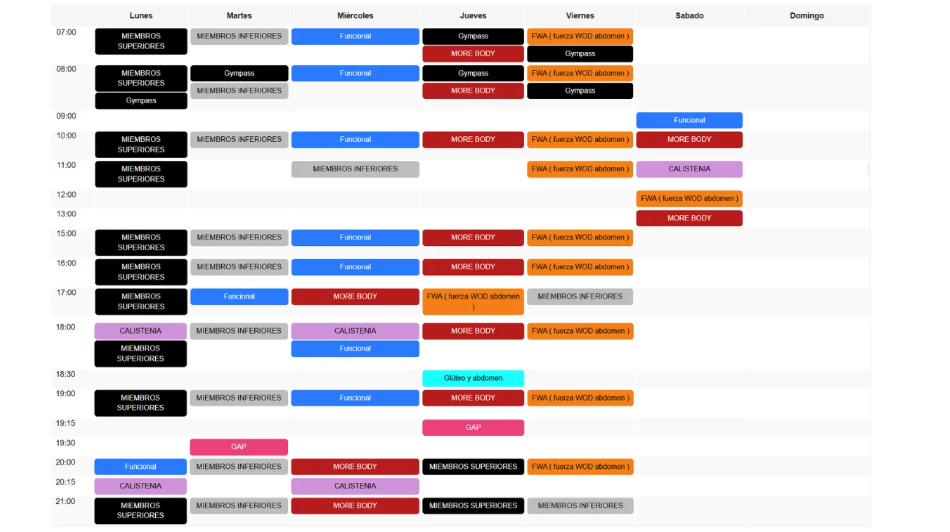 Cuadrícula de horarios de clases con asignaturas codificadas por colores según día y hora.
