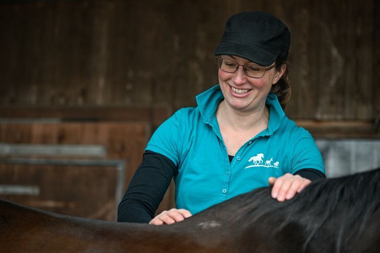 Mitarbeiter streichelt Pferd