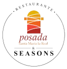 Logotipo para Restaurante Posada Santa Mar&iacute;a la Real y Seasons, en rojo, naranja y negro, dentro de un c&iacute;rculo