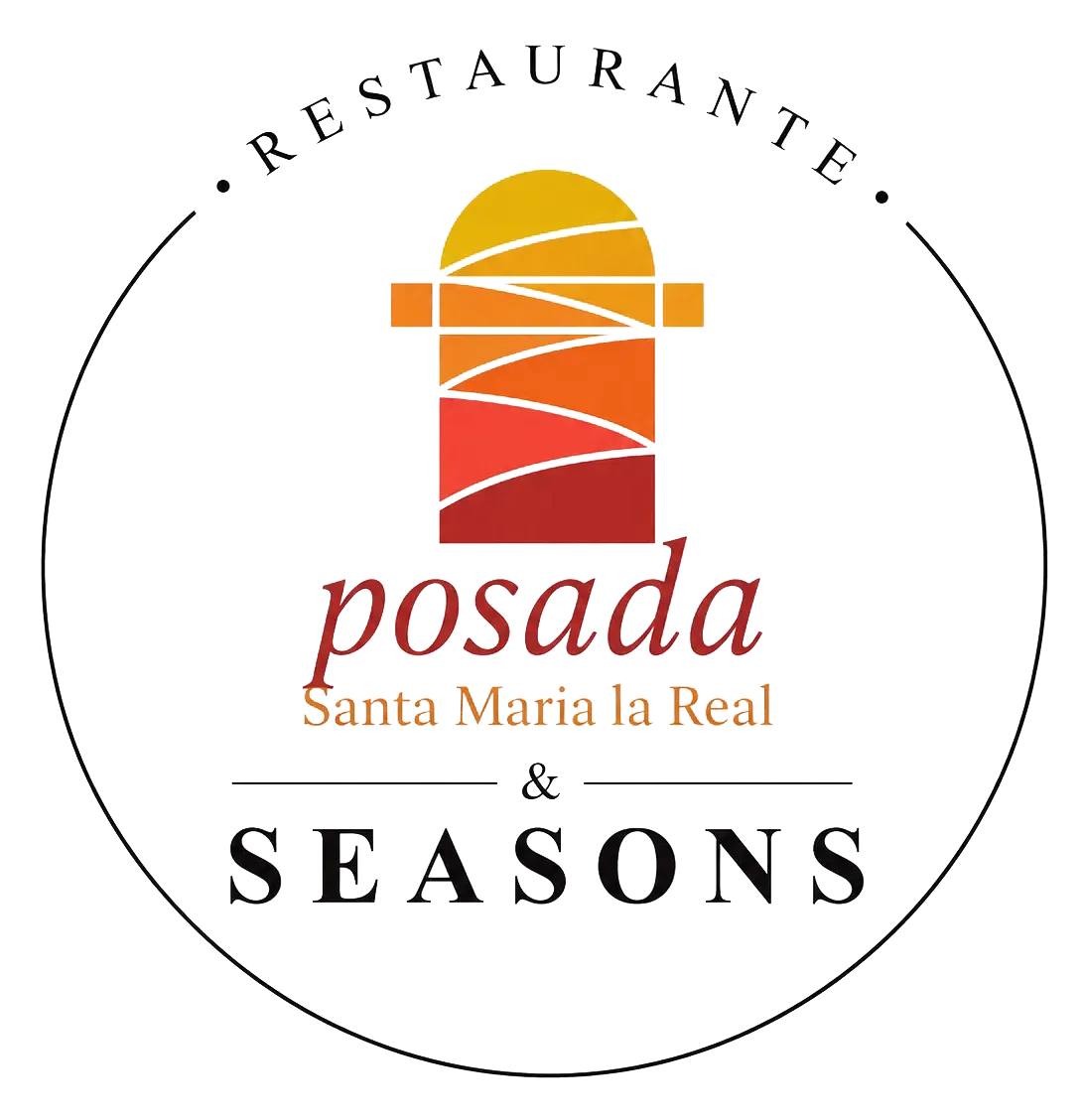 Logotipo para Restaurante Posada Santa Mar&iacute;a la Real y Seasons, en rojo, naranja y negro, dentro de un c&iacute;rculo